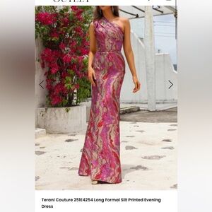 Terani Couture One Shoulder Pink and Gold Evening Gown - Wedding/Event Dress